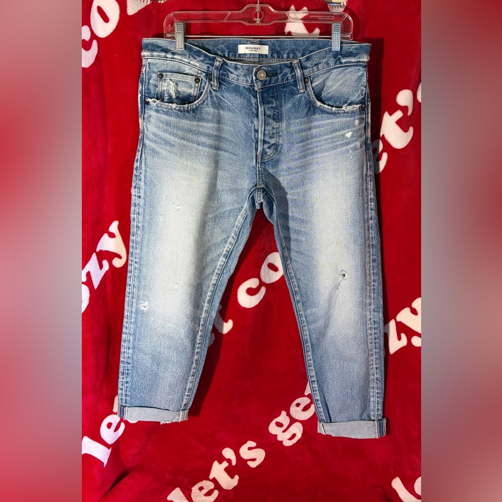 Moussy Vintage Fitted Straight Cuffed Light Blue Wash Distressed Denim Size 29